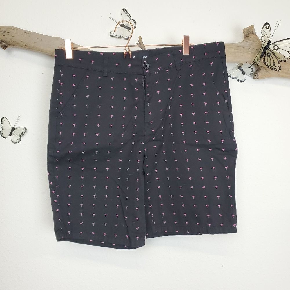 Public record black Bermuda shorts with flamingos